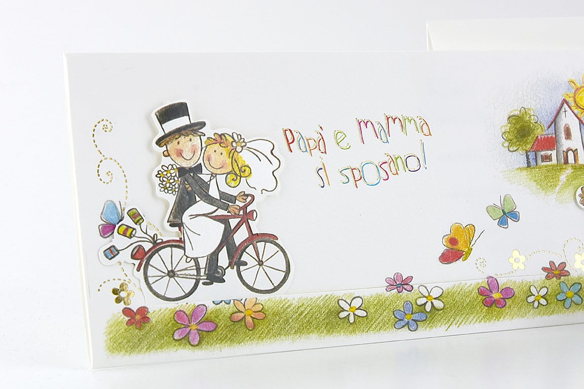 Partecipazione nozze spiritosa sposi con bimbi