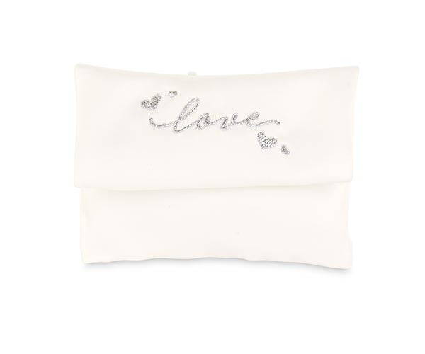 Bustina portaconfetti in raso bianco con ricamo love argento