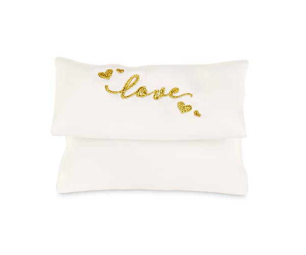 Bustina portaconfetti in raso bianco con ricamo love oro