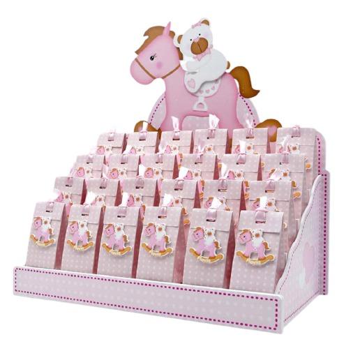 Bomboniera personalizzabile Espositore con 24 Scatoline portaconfetti  magneti orsetto su cavallo rosa