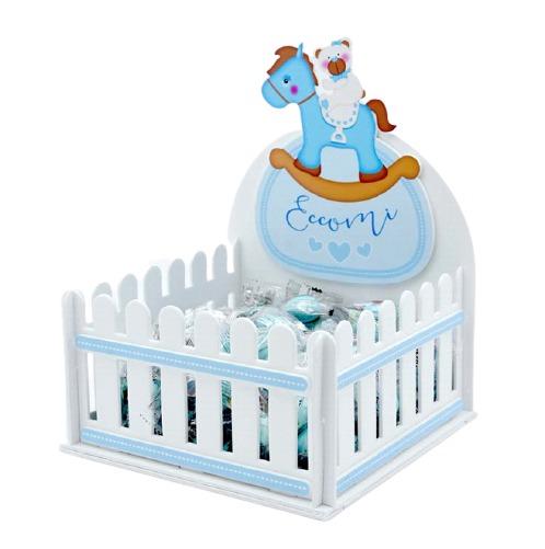 Gabbietta portaconfetti orsetto su cavallo celeste personalizzabile