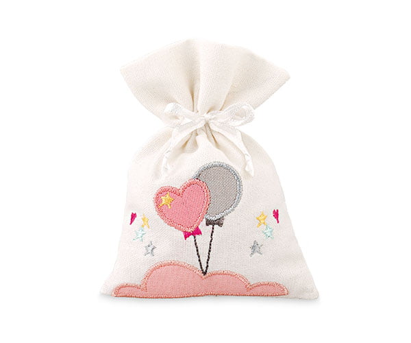 Sacchetto portaconfetti con ricamo palloncini rosa