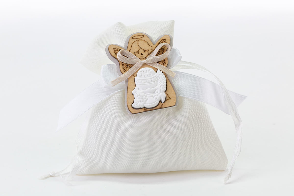 Sacchetto in cotone bianco con applicazione calice comunione in legno