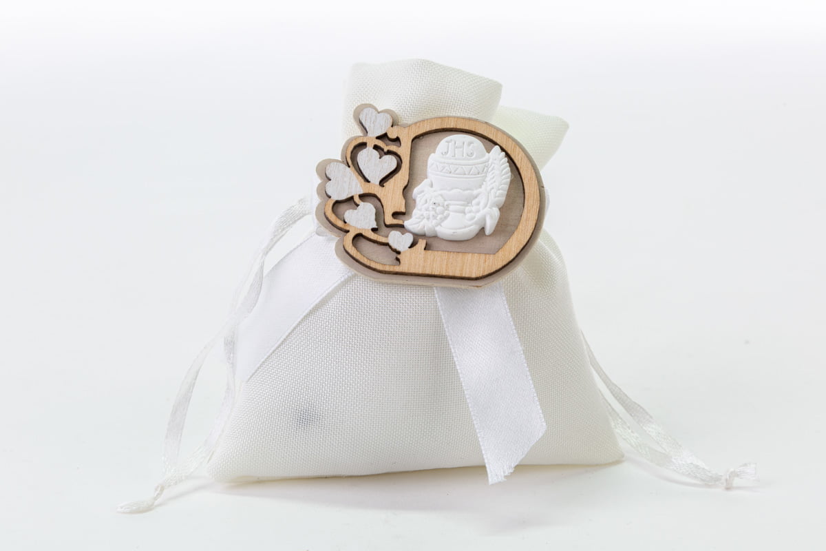 Sacchetto in cotone bianco con applicazione calice comunione in legno
