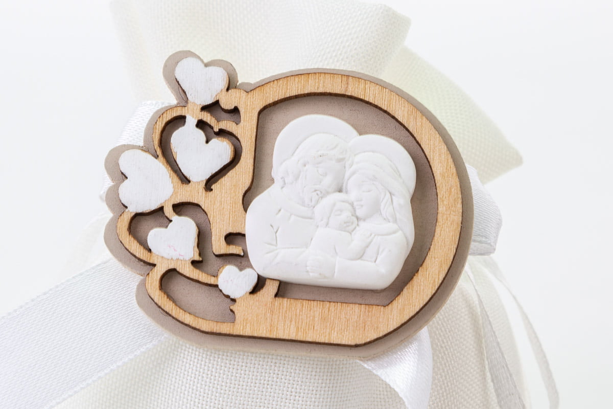 Sacchetto bianco con applicazione sacra famiglia in legno