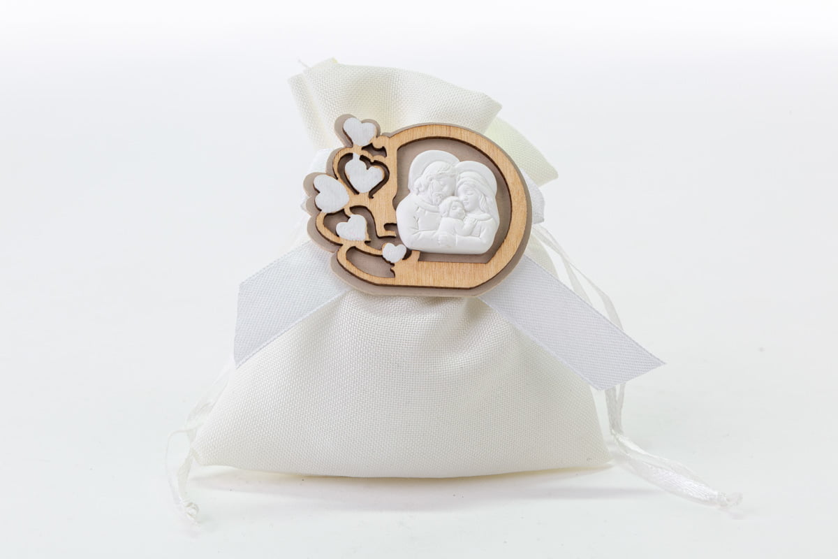 Sacchetto in cotone bianco con applicazione sacra famiglia in legno