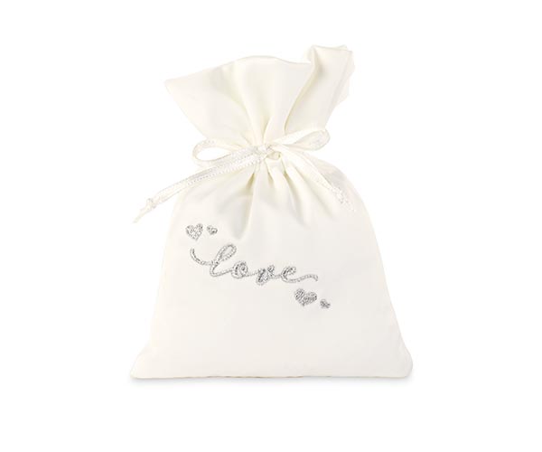 Sacchetto portaconfetti in raso bianco con ricamo love argento