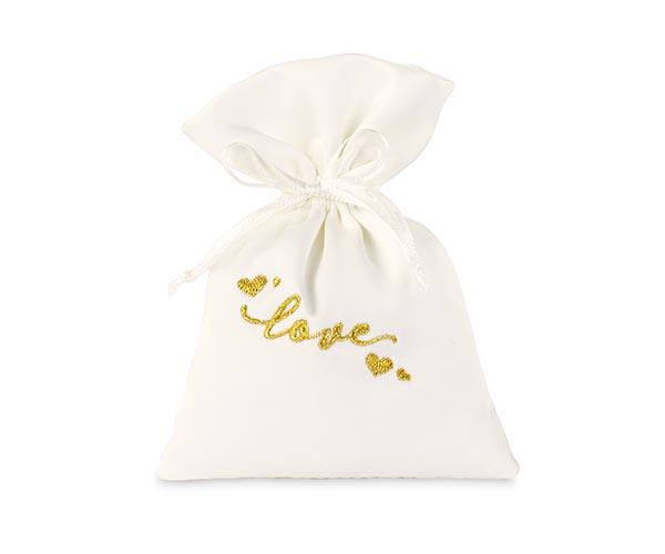 Sacchetto portaconfetti in raso bianco con ricamo love oro