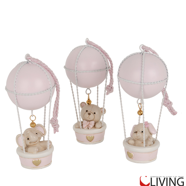 bomboniera animaletti con mongolfiera rosa
