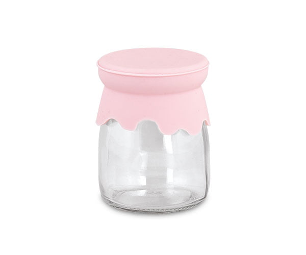 Barattolo in vetro con coperchio in silicone rosa