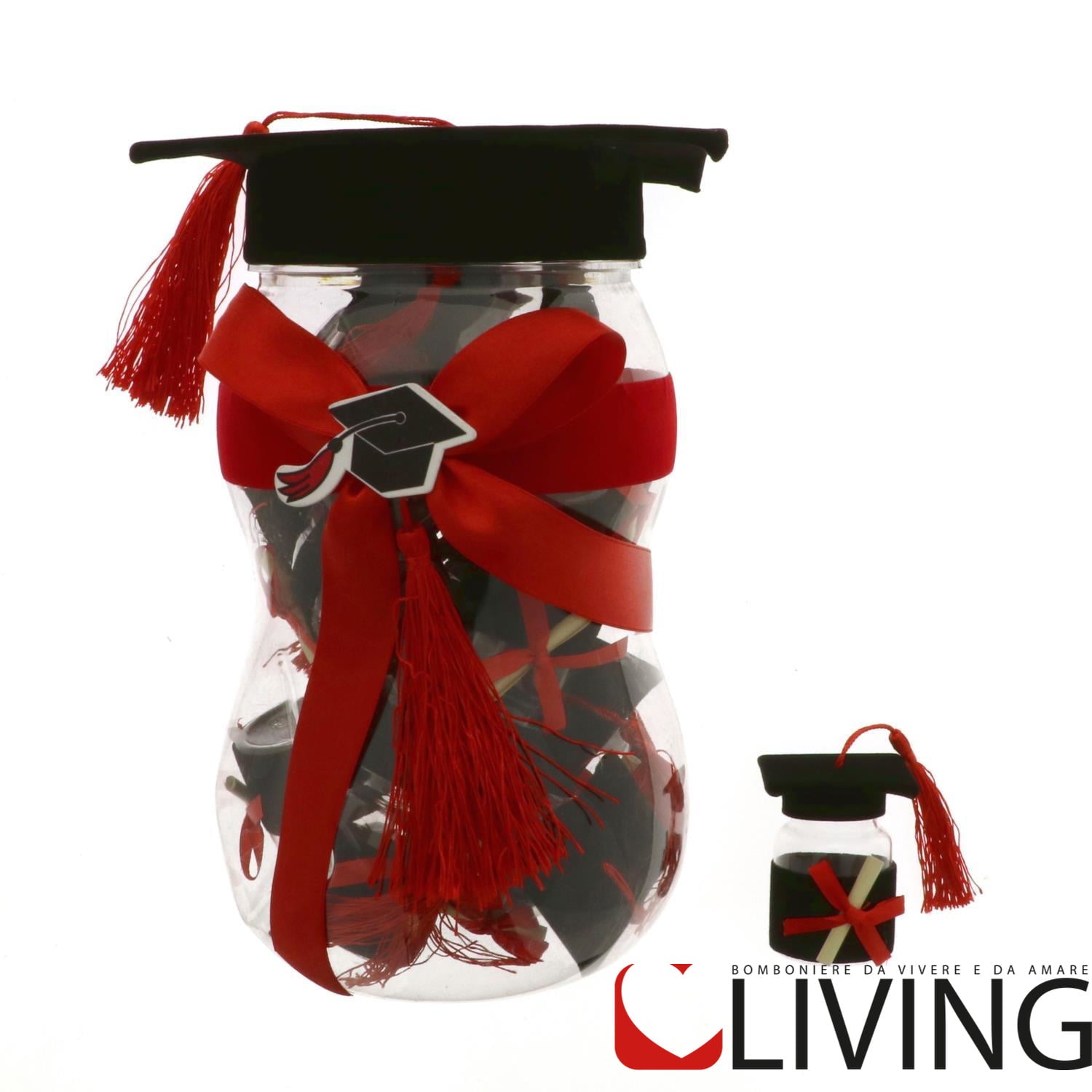 Barattolo portaconfetti per laurea grande con 12 barattoli piccoli portaconfetti