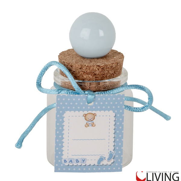 bomboniera barattolino in vetro nascita celeste linea ball