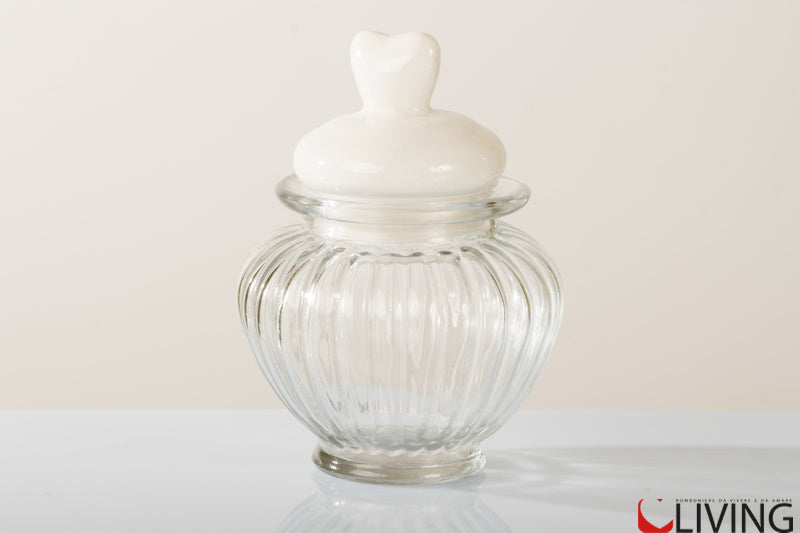 barattolino vetro rigato tappo cuore porcellana bianca da 300ml