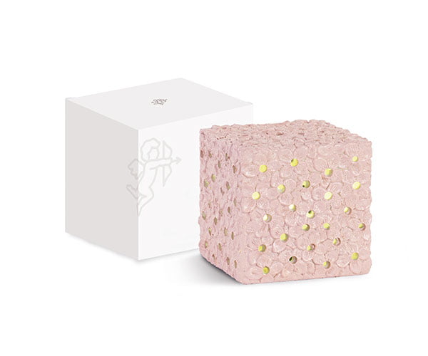 bomboniera cubo luce a led rosa cipria con fiori