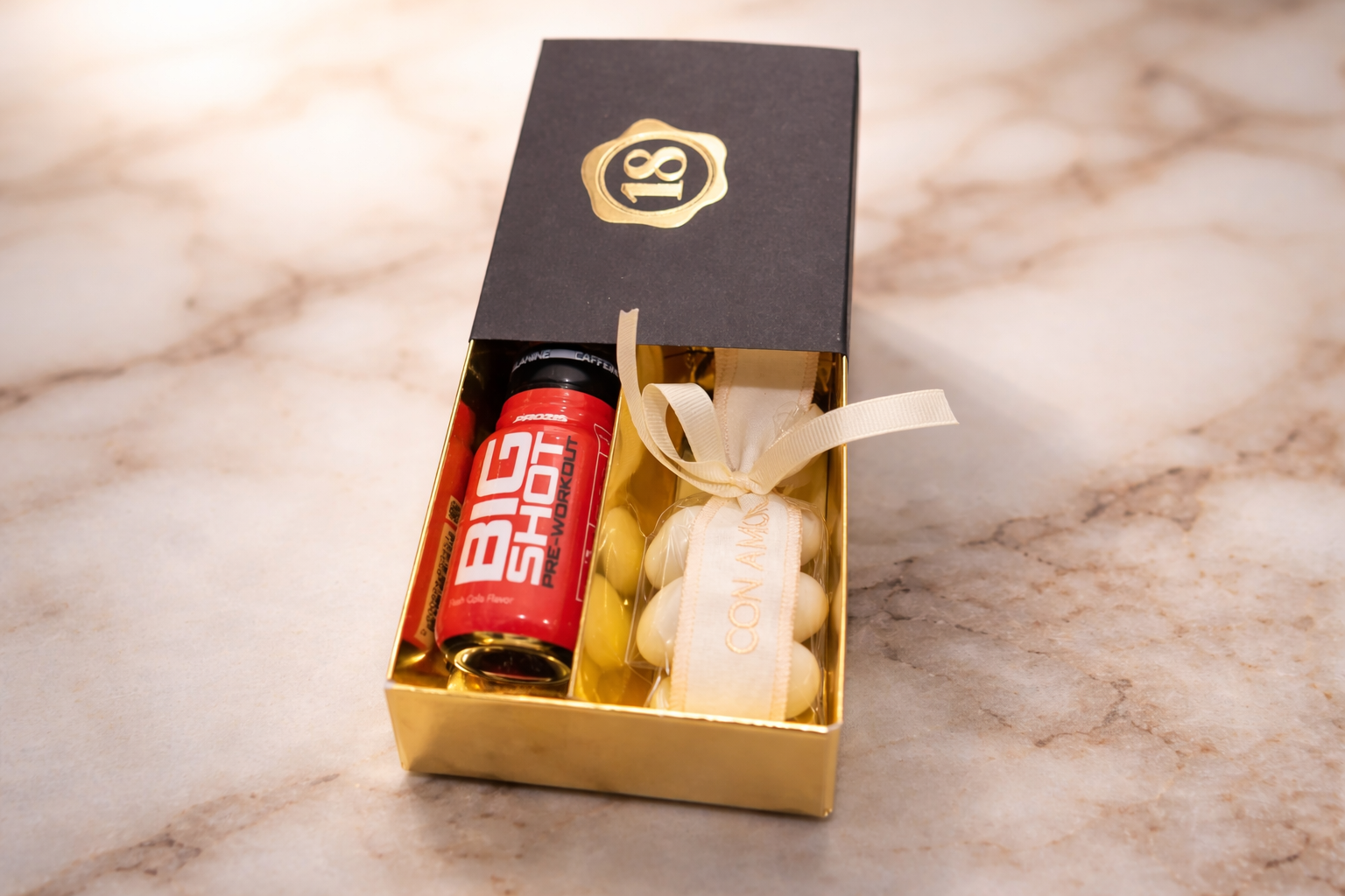bomboniere fitness 18 anni scatola degustazione confetti con big shot pre workout