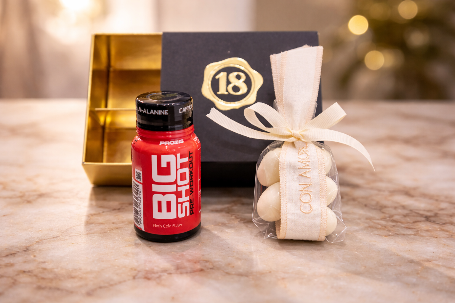 bomboniere fitness 18 anni scatola degustazione confetti con big shot pre workout
