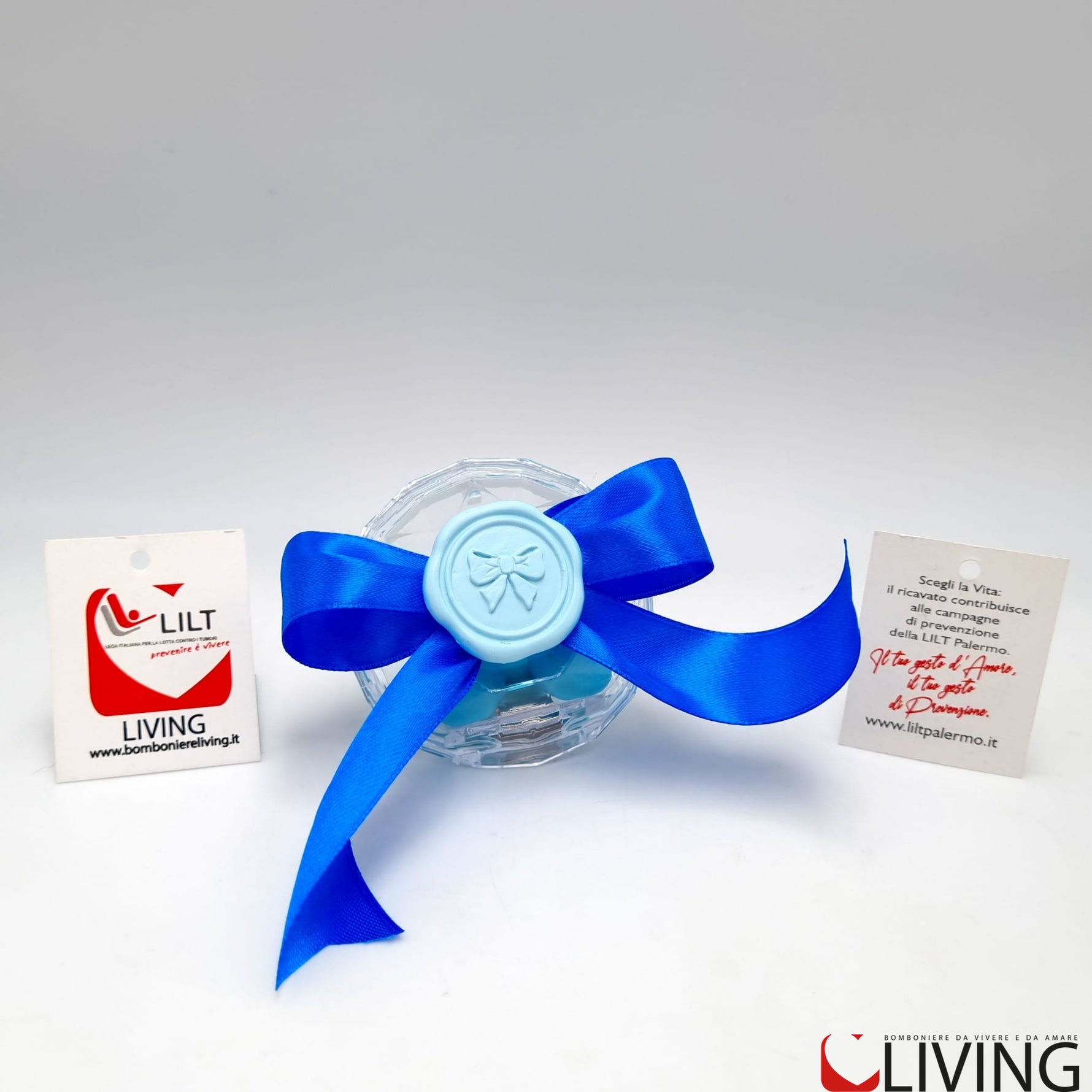bomboniera linea solidale lilt living diamante plex con applicazione fiocco celeste