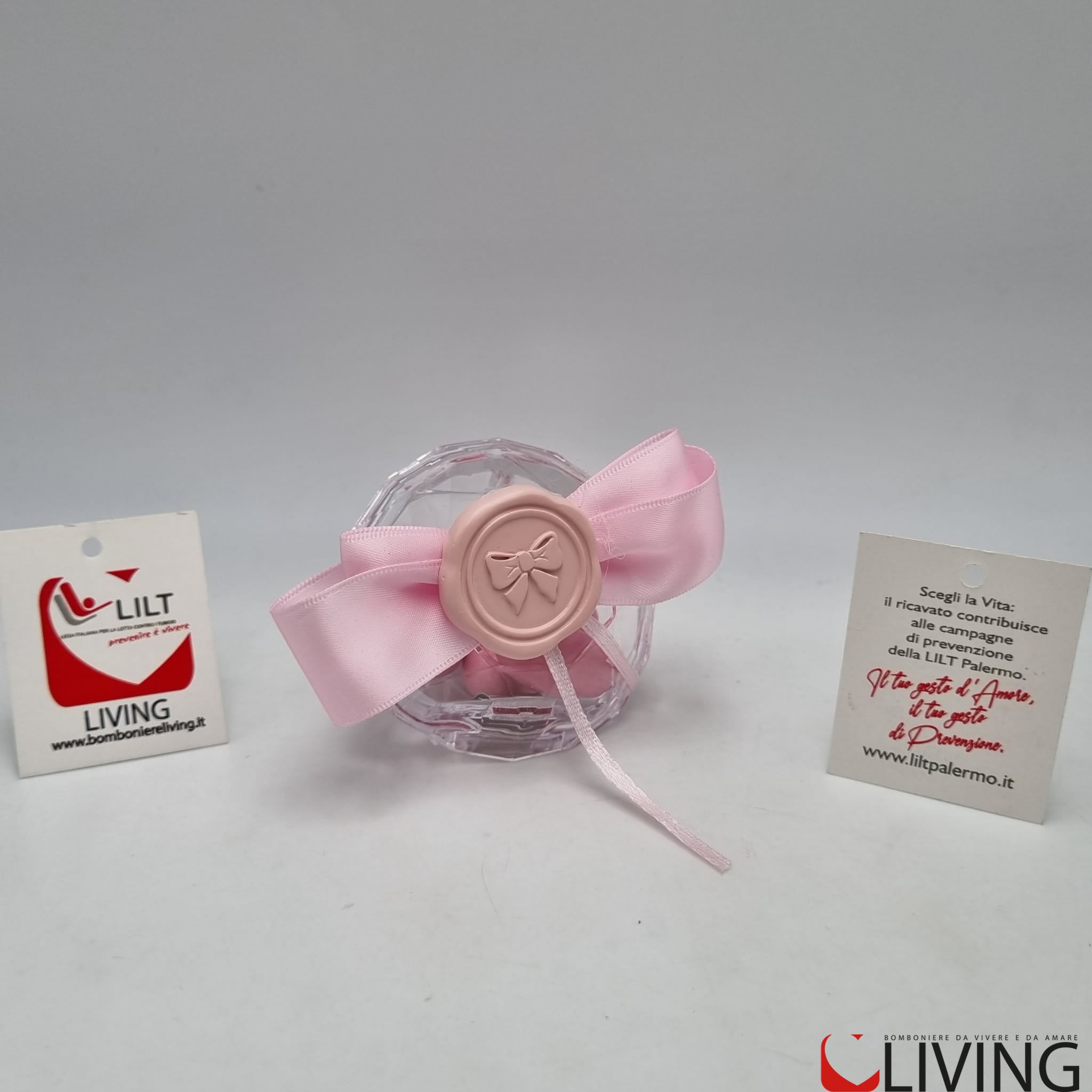 bomboniera linea solidale lilt living diamante plex con applicazione fiocco rosa