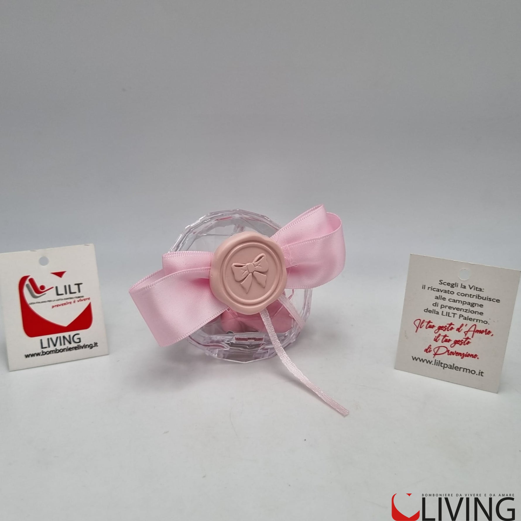 bomboniera linea solidale lilt living diamante plex con applicazione fiocco rosa