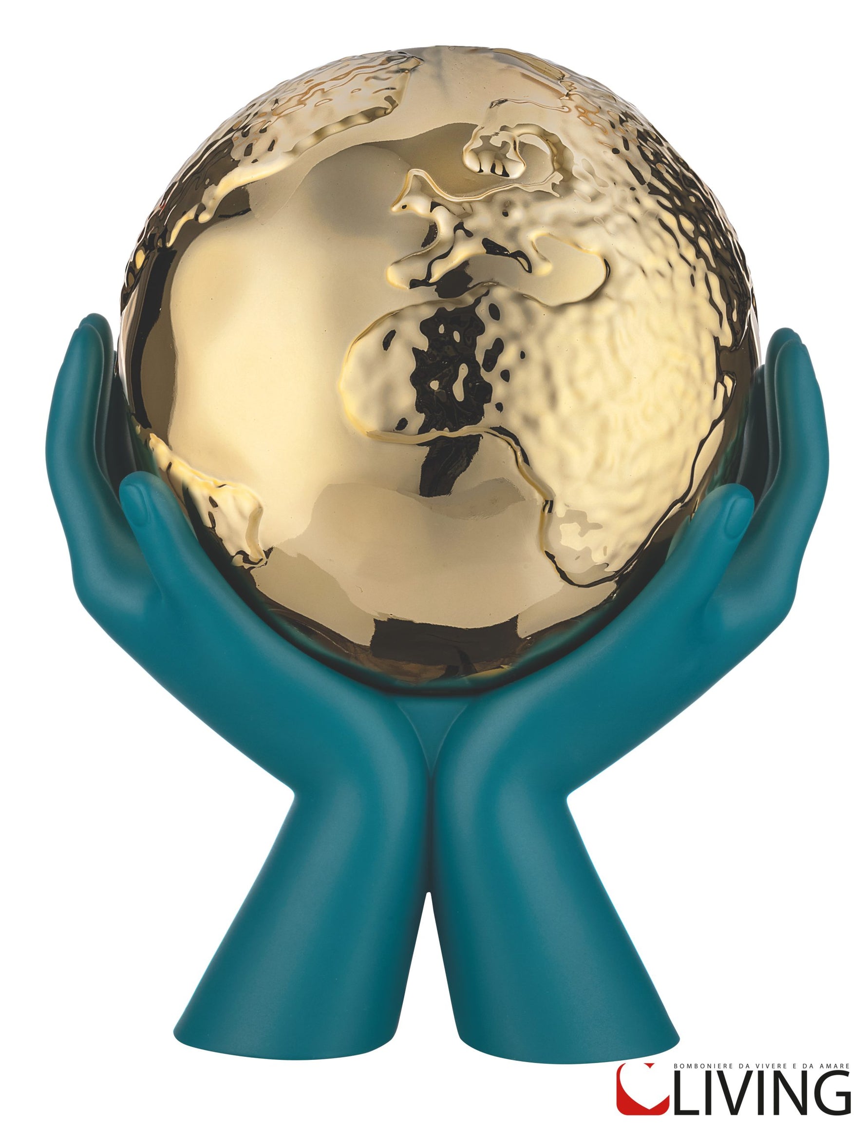 bomboniera mani ottanio con mappamondo oro