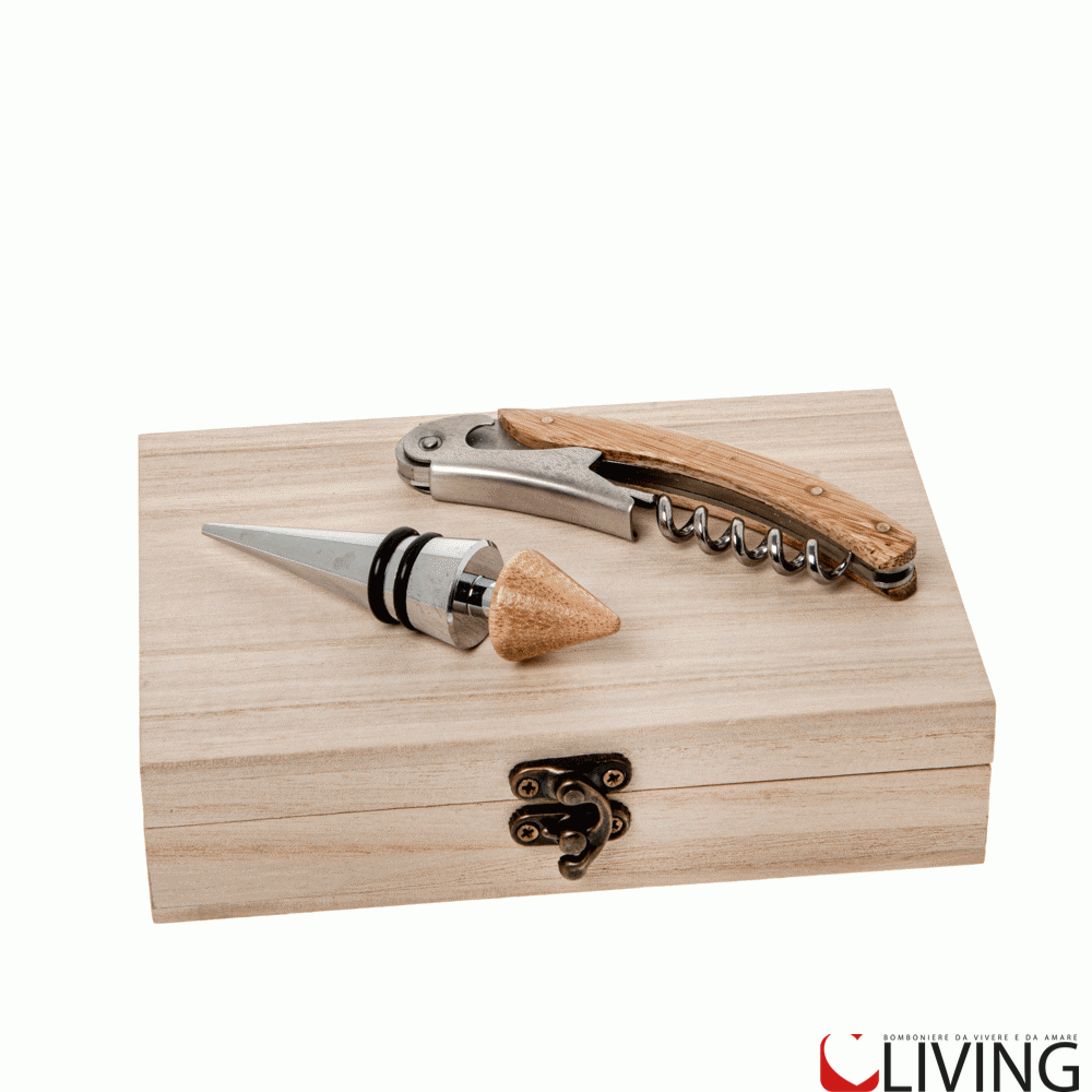 bomboniera set vino tappo e cavatappo con box legno