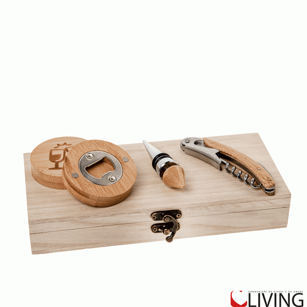 bomboniera set vino tappo cavatappi e apribottiglie con box legno