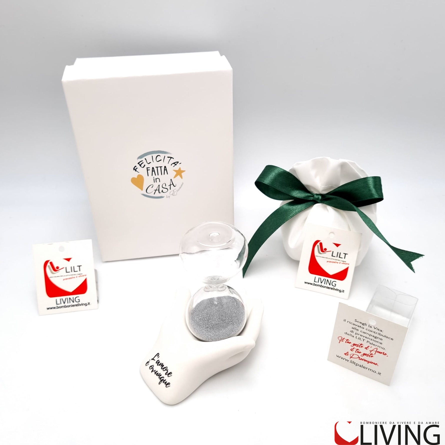 bomboniera linea solidale lilt living clessidra con mani linea dono