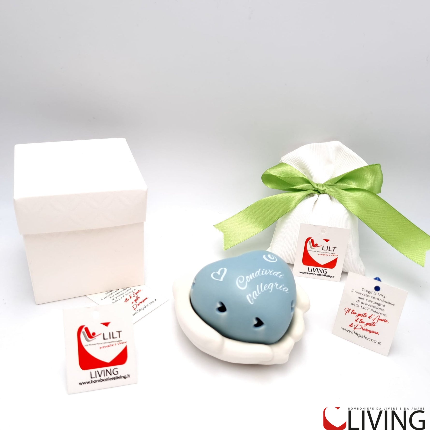bomboniera linea solidale lilt living mani con cuore luce led