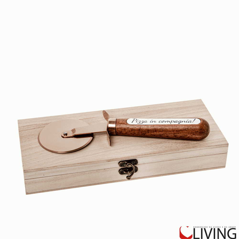 bomboniera tagliapizza linea bronz con box legno