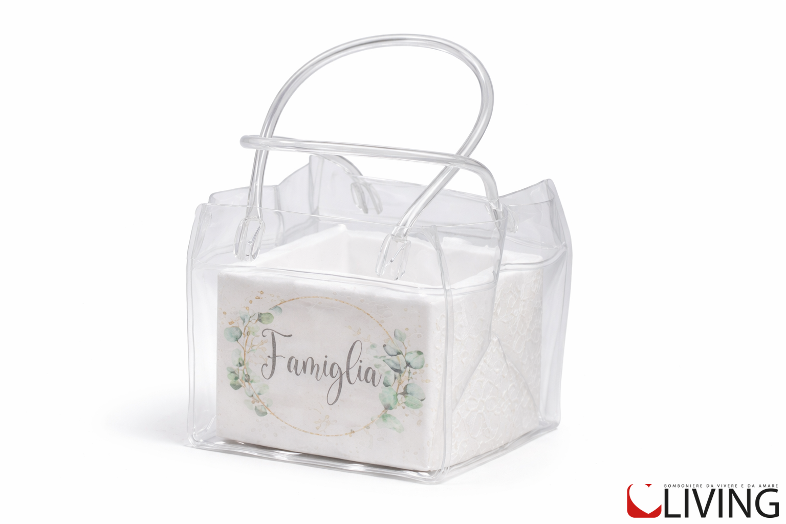 bomboniera cachepot in polvere di marmo famiglia con bag trasparente