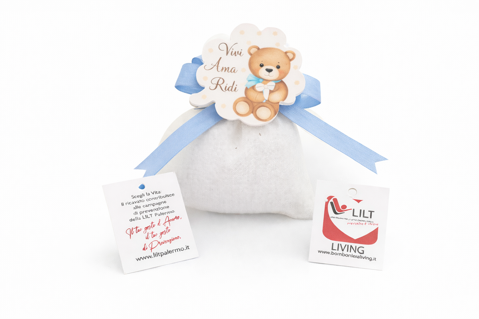 bomboniera linea solidale lilt living sacchetto con calamita quadrifoglio orsetto azzurro