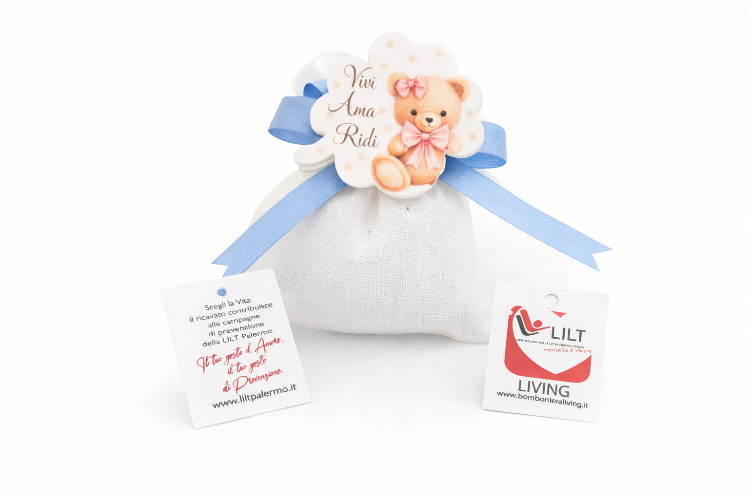 bomboniera linea solidale lilt living sacchetto con calamita quadrifoglio orsetto rosa