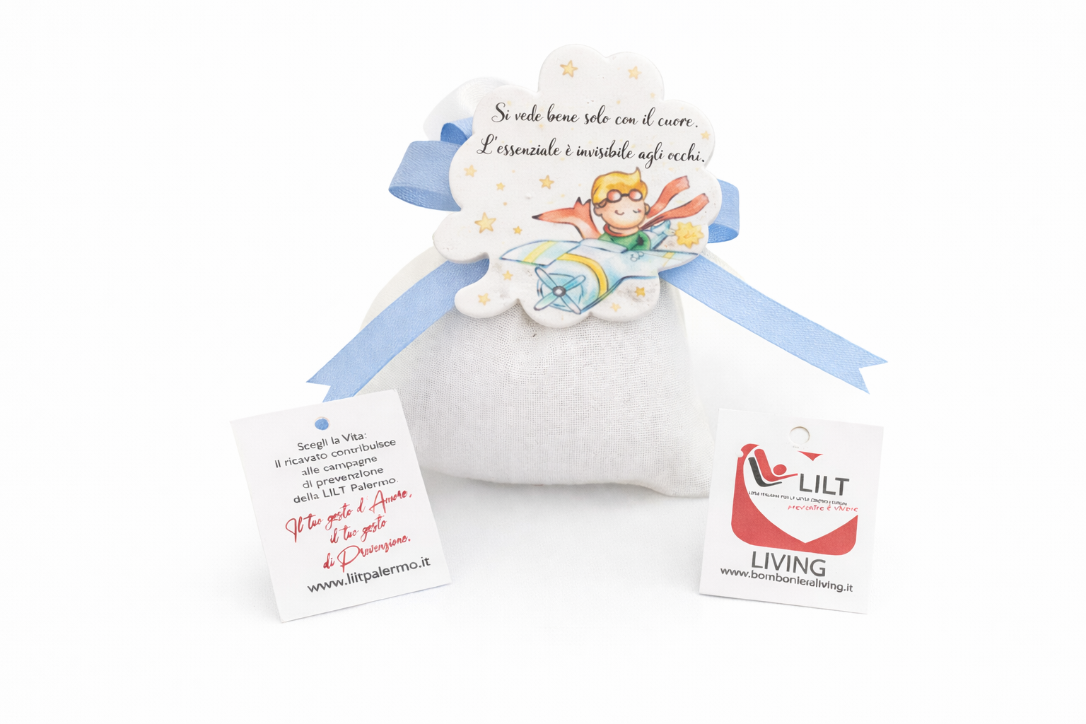 bomboniera linea solidale lilt living sacchetto con calamita quadrifoglio piccolo principe