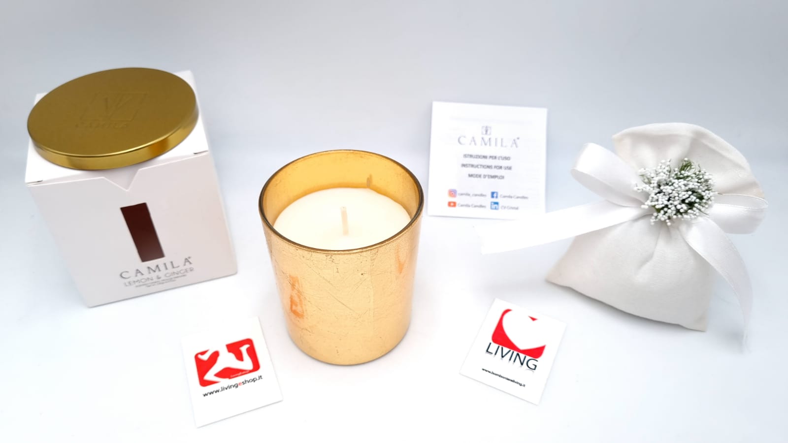 candela fragranza limone e zenzero barattolo foglia oro