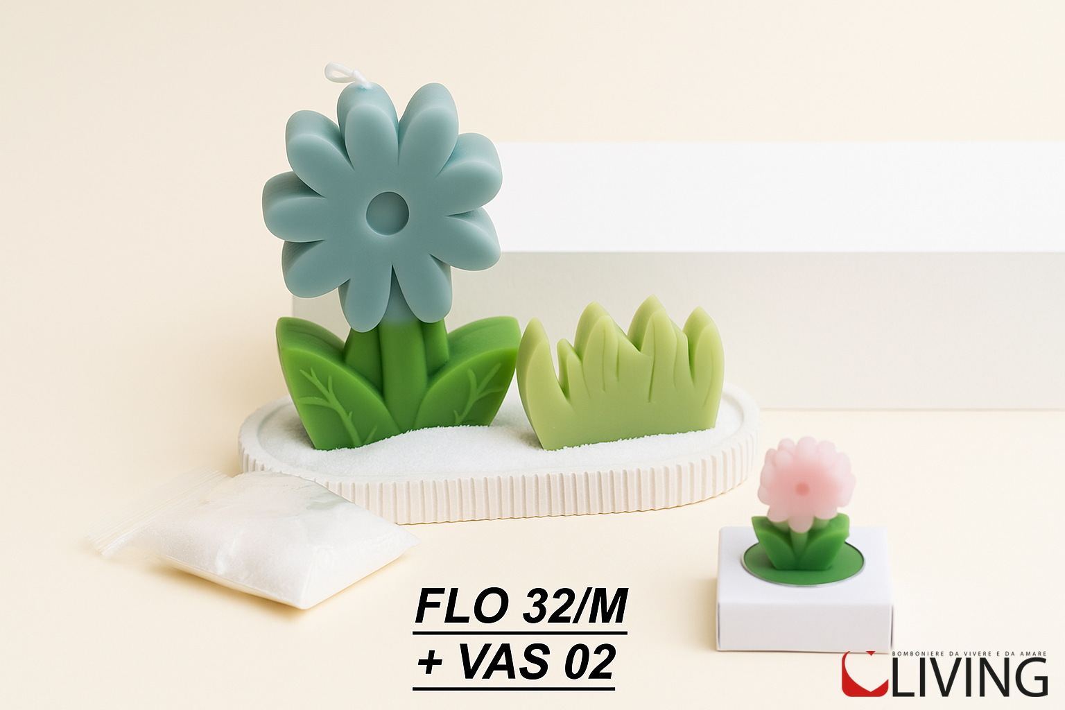 Bomboniera candela grande margherita colori assortiti e erbetta e vassoietto