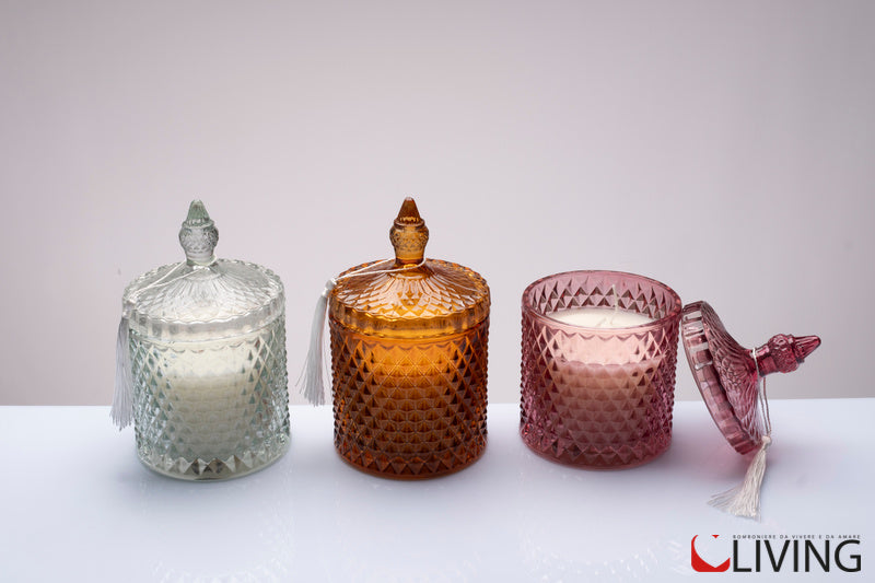 bomboniera candela luxury grande in vetro intagliato con nappina
