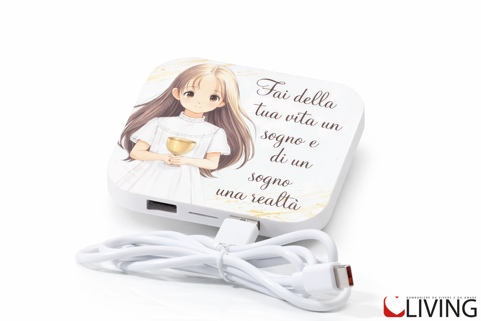 bomboniera caricabatterie wireless e usb bimba comunione