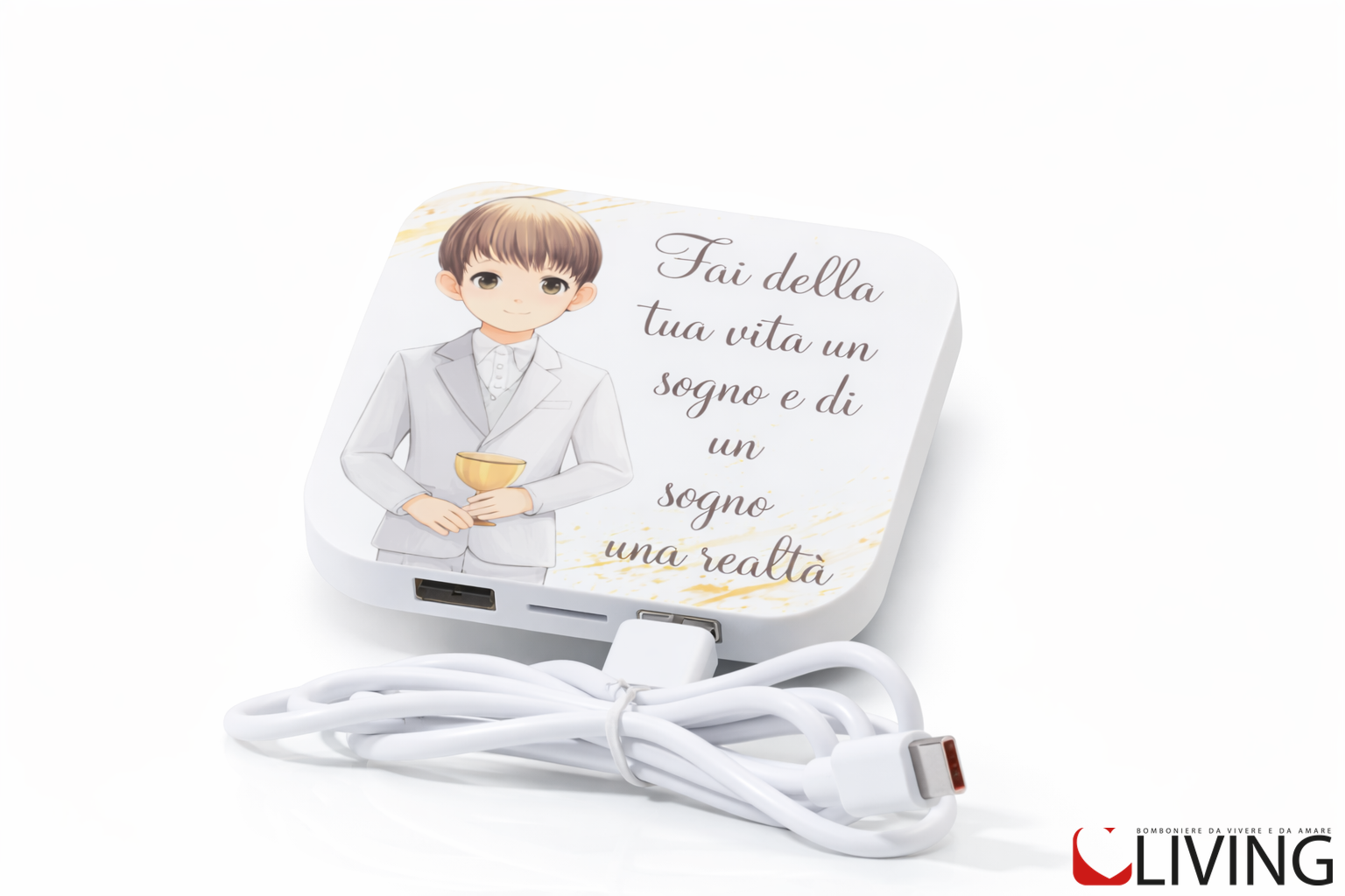 bomboniera caricabatterie wireless e usb bimbo comunione