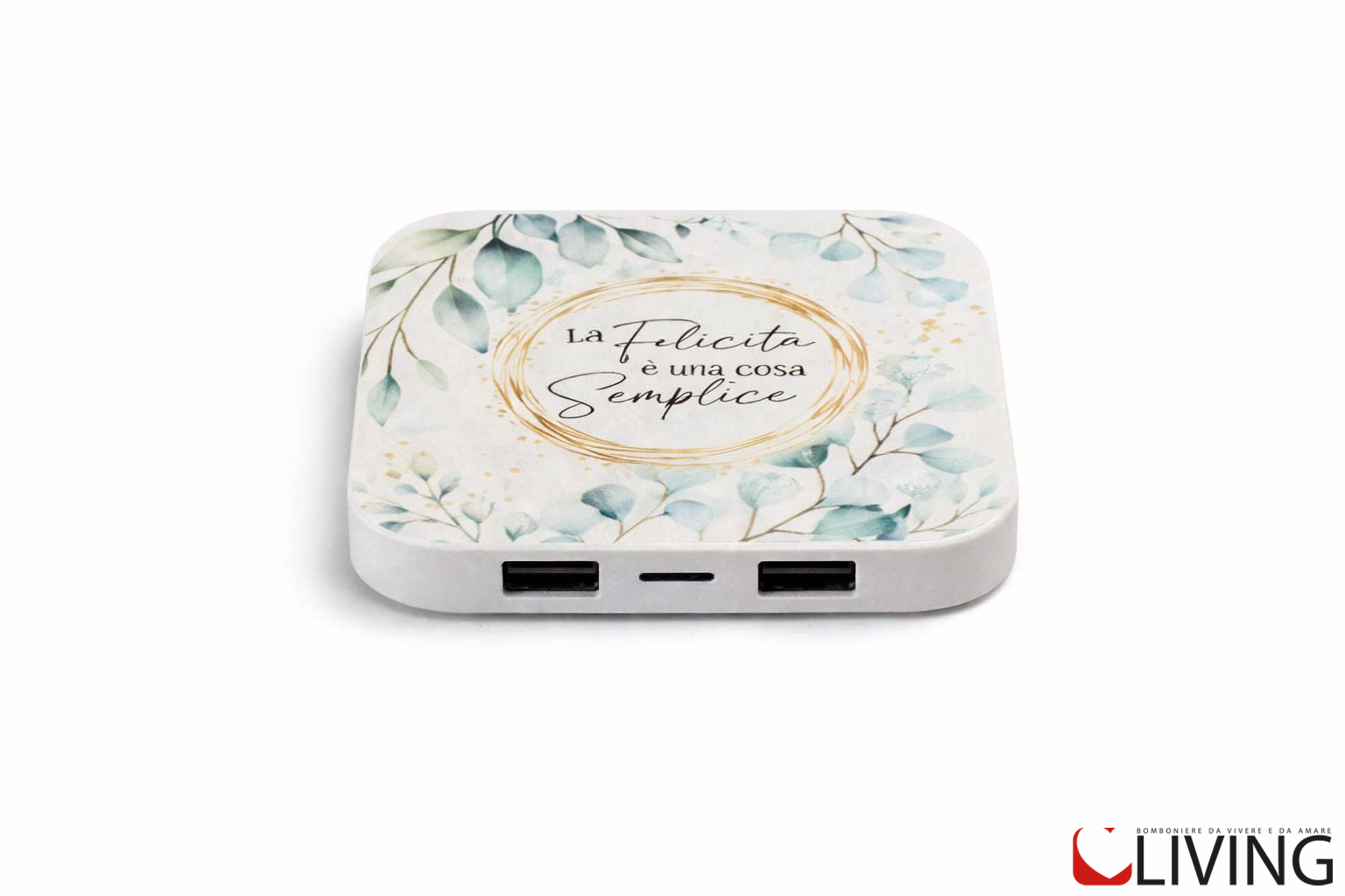 bomboniera caricabatterie wireless e usb stampa foglie linea encantada
