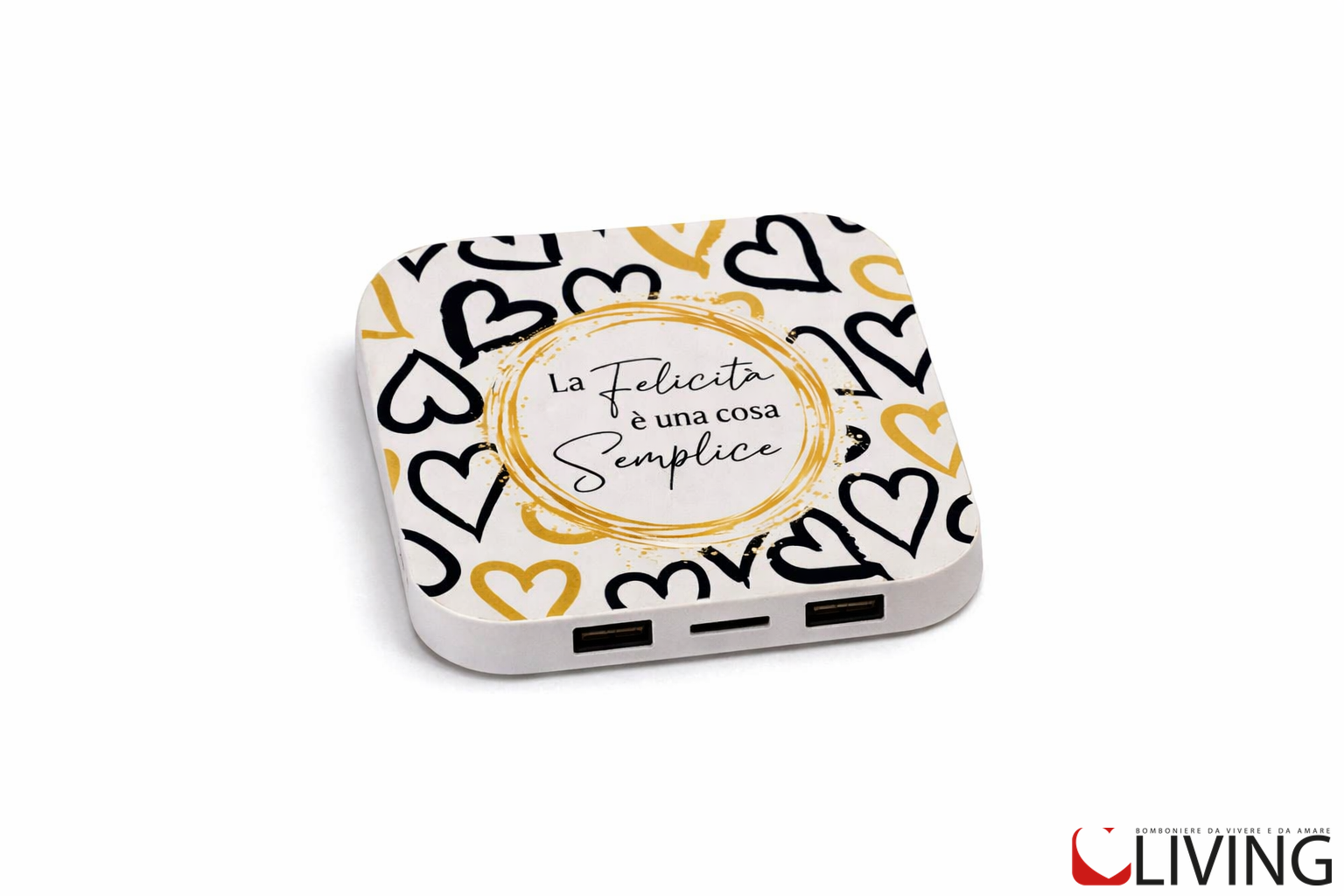 bomboniera caricabatterie wireless e usb stampa cuori linea encantada