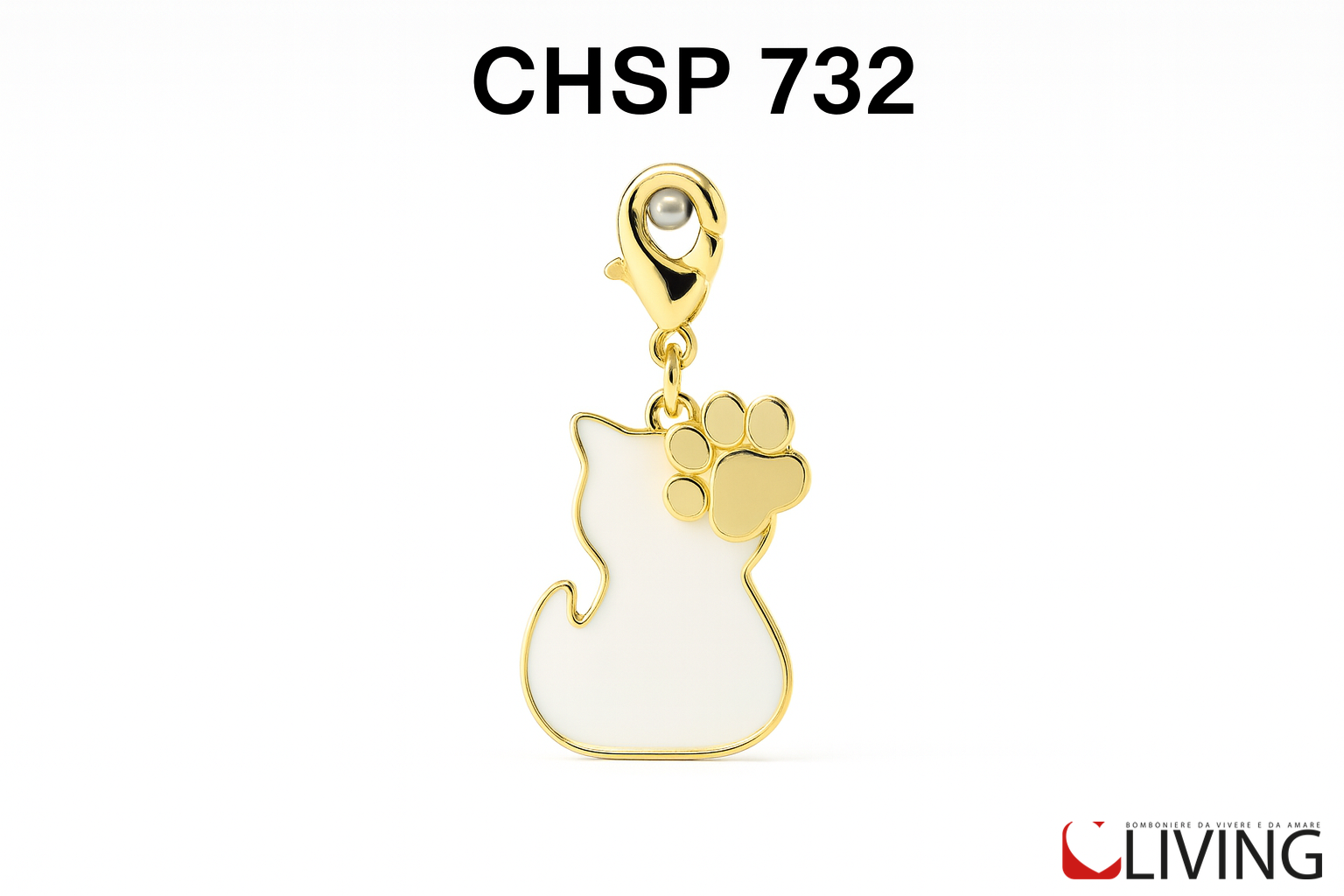bomboniera ciondolo gattino bianco e oro con charm