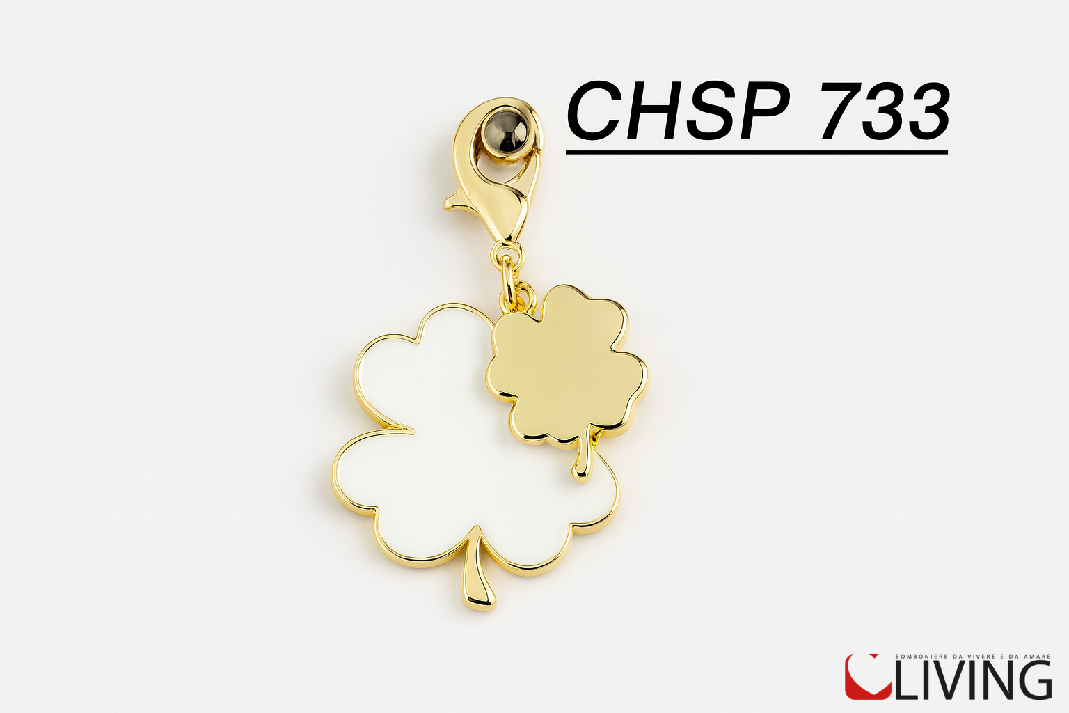 bomboniera ciondolo quadrifoglio bianco e oro con charm
