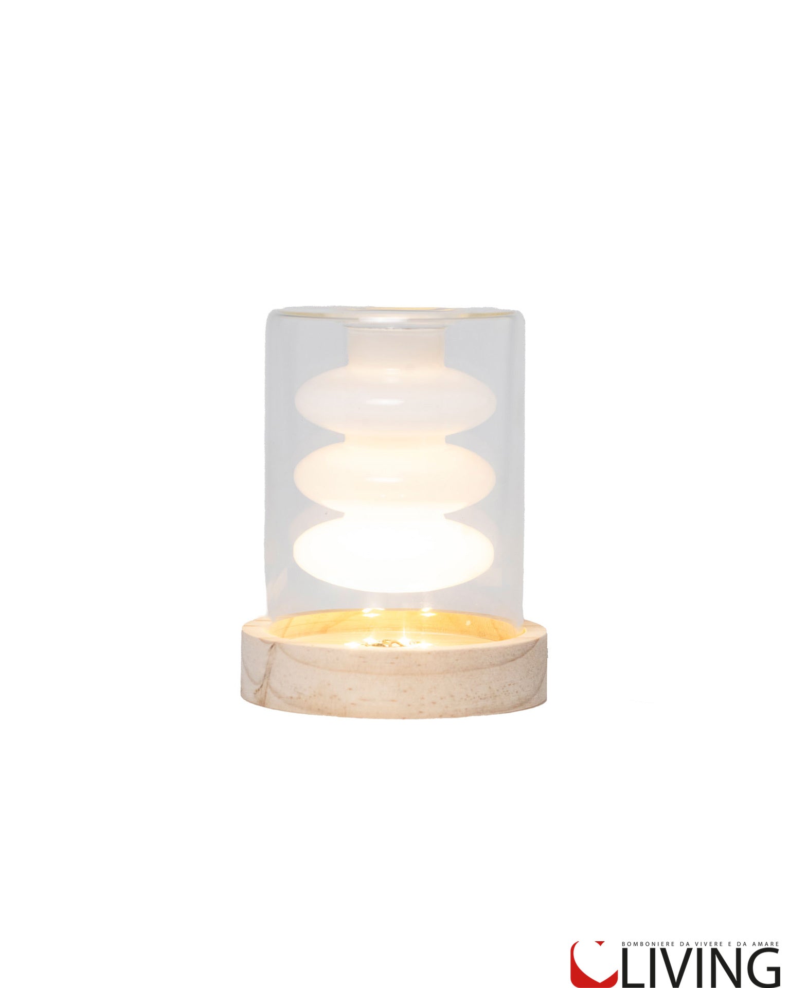 bomboniera cilindro vetro medio profumatore zen light con luce led base legno