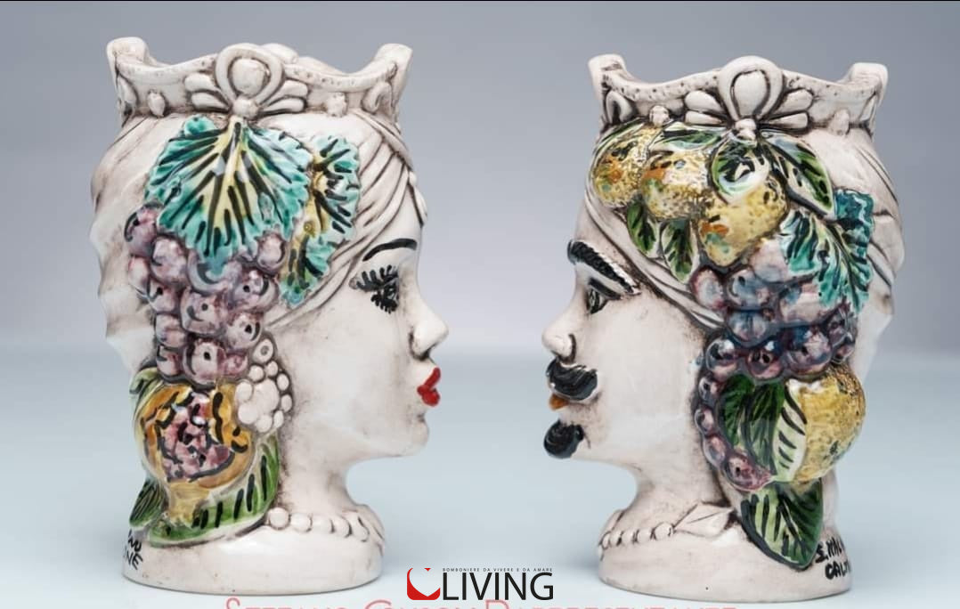 bomboniera coppia testa di moro ceramica di caltagirone decoro frutta