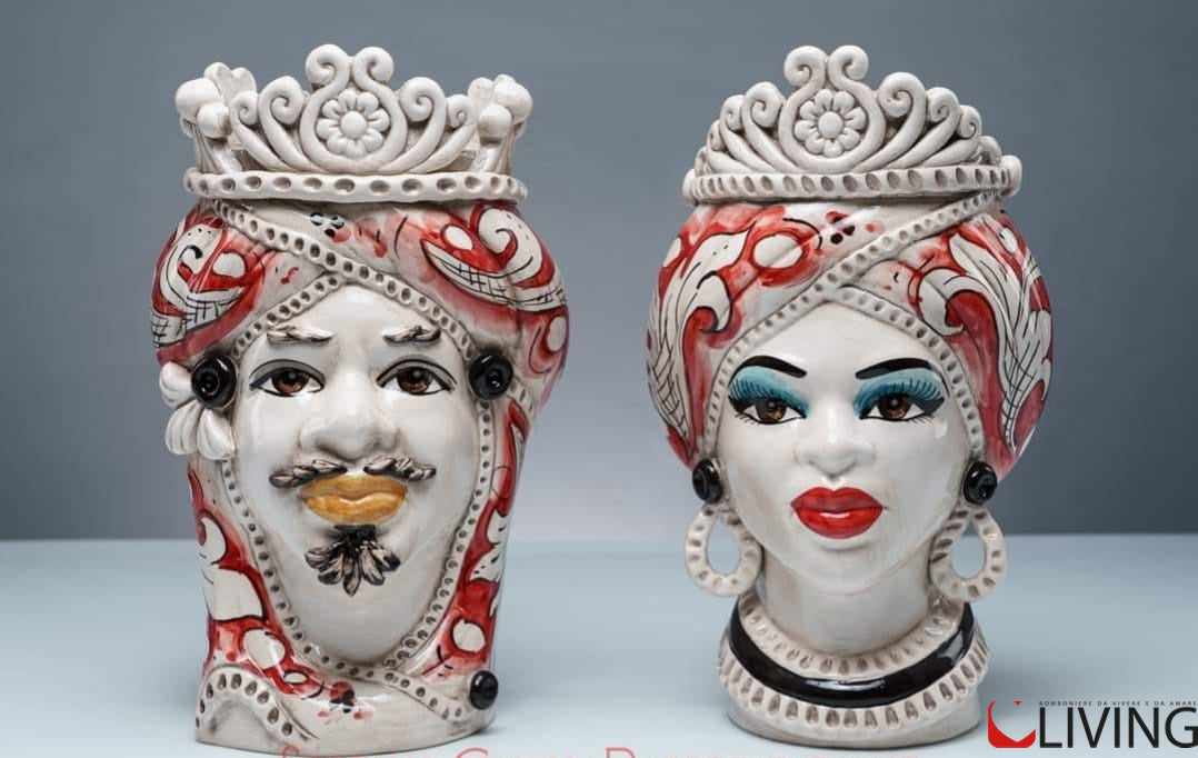 bomboniera coppia teste di moro ceramica di caltagirone con corona