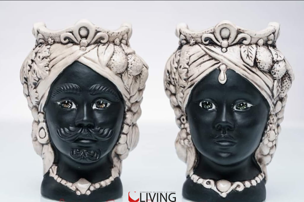 bomboniera coppia testa di moro ceramica di caltagirone nero satinato frutta
