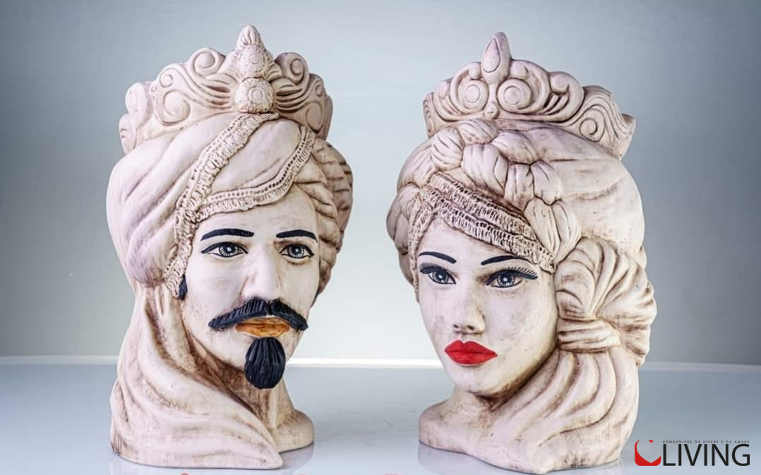 coppia teste di moro avorio in ceramica di caltagirone