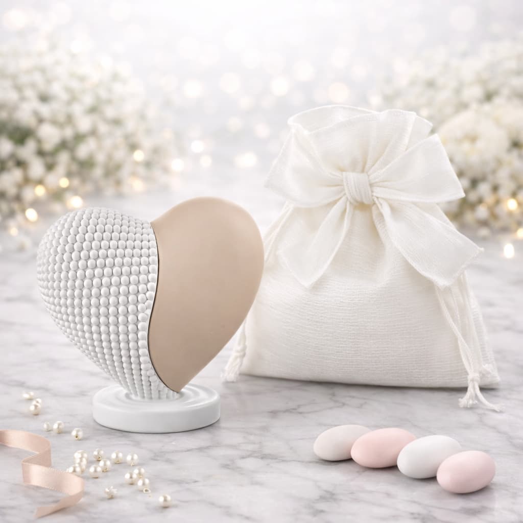 bomboniera cuore con base metà rosa cipria e metà bianco in marmorino