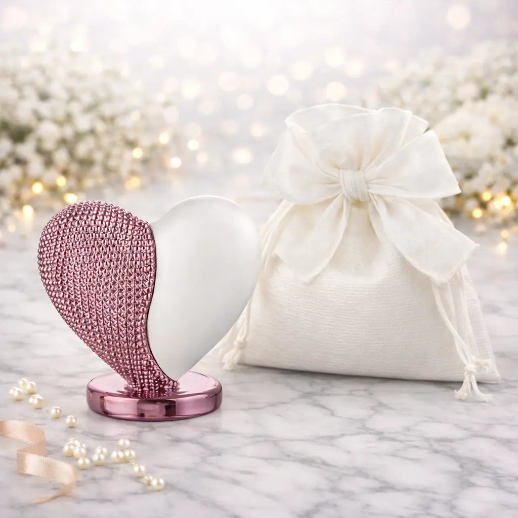 bomboniera cuore con base metà rosa e metà bianco in marmorino