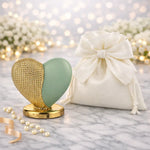 bomboniera cuore con base metà verde e metà oro in marmorino